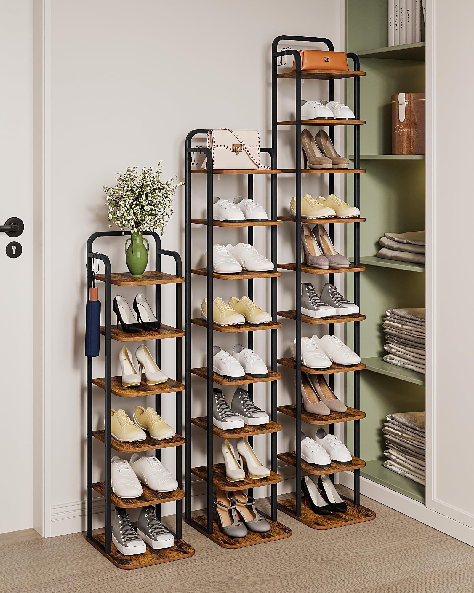 Living Room Free Standing Wood Metal Shoe Organizer Entryway 10 Tier Narrow Shoe Shelves Vertical Shoe Rack