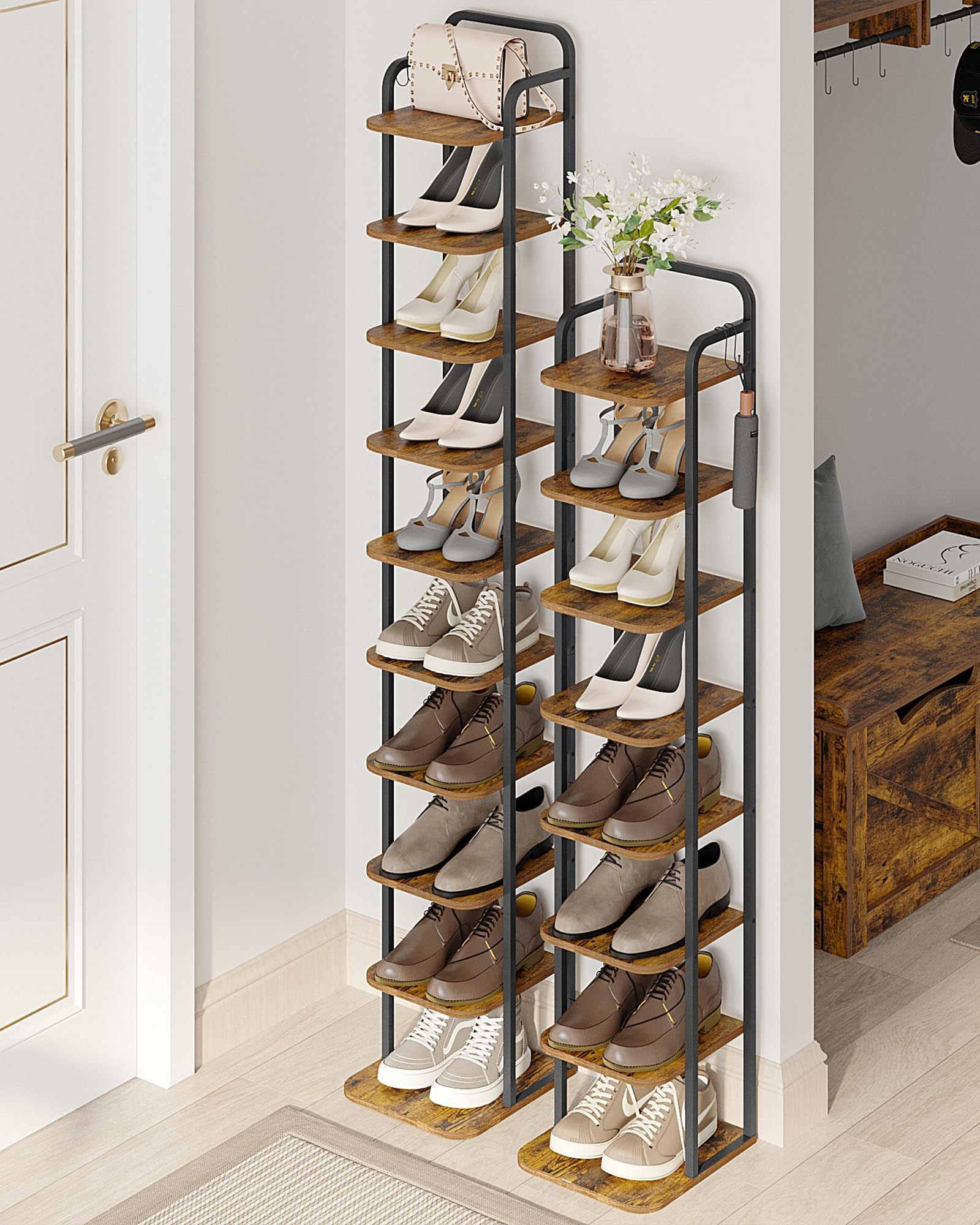 Living Room Free Standing Wood Metal Shoe Organizer Entryway 10 Tier Narrow Shoe Shelves Vertical Shoe Rack