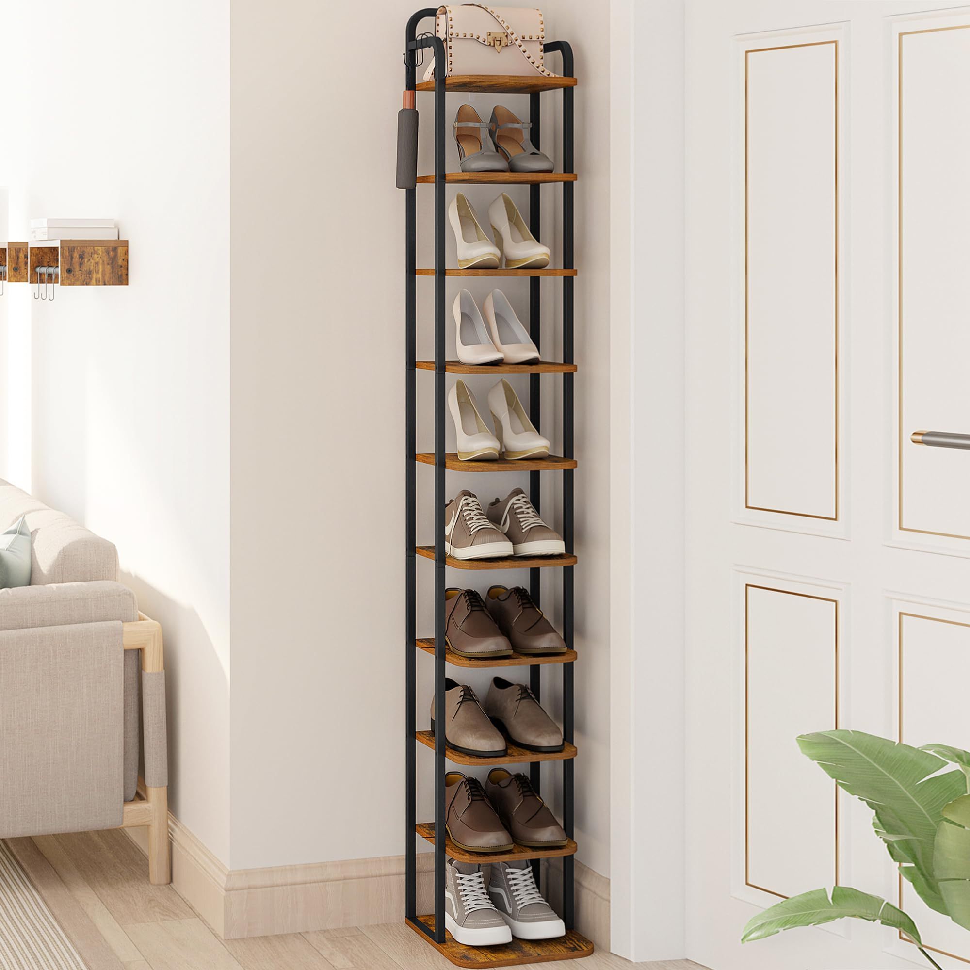 Living Room Free Standing Wood Metal Shoe Organizer Entryway 10 Tier Narrow Shoe Shelves Vertical Shoe Rack