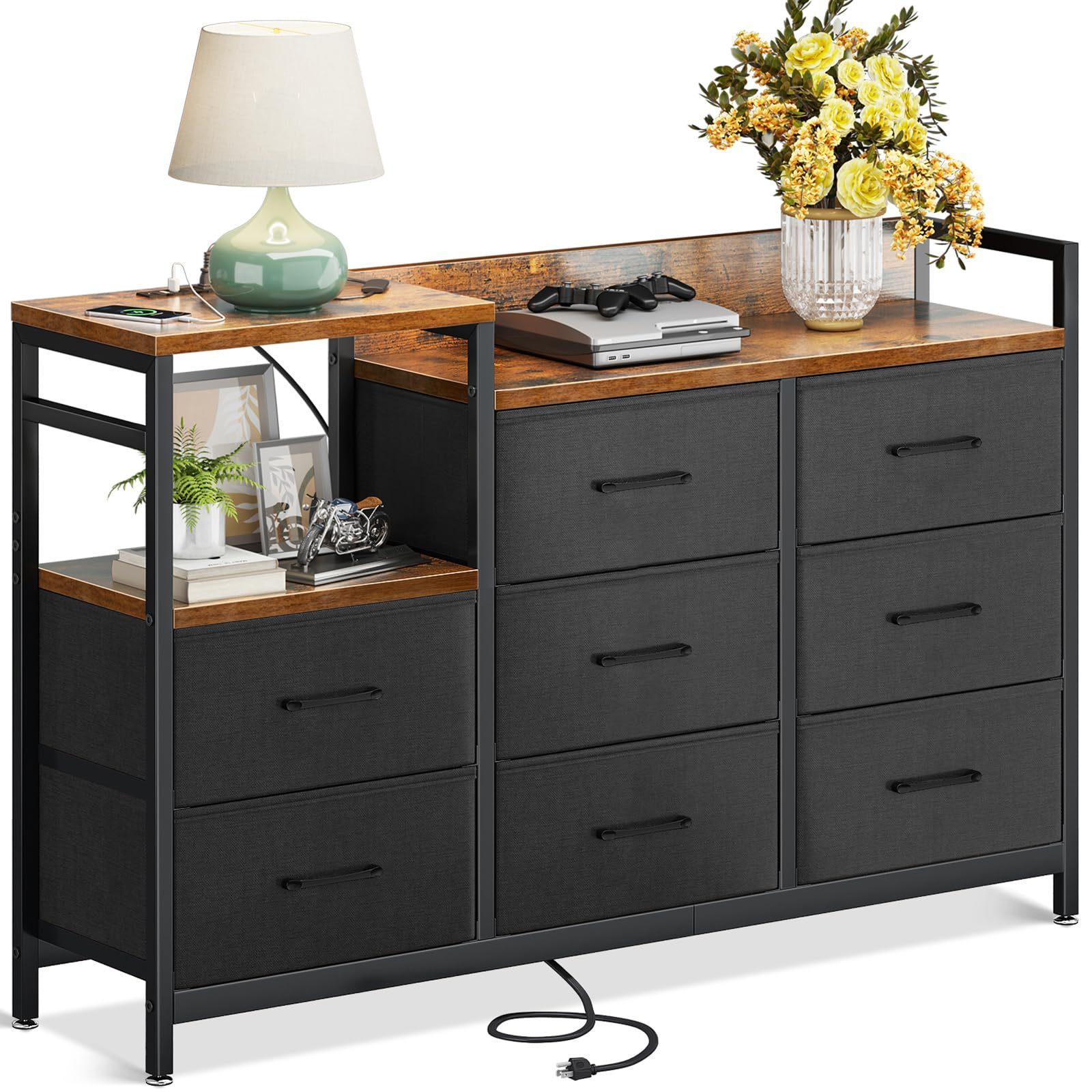 Living Room Hallway Easy-Pull Fabric Dressers 8 Drawers Bedroom Dresser with Charging Station