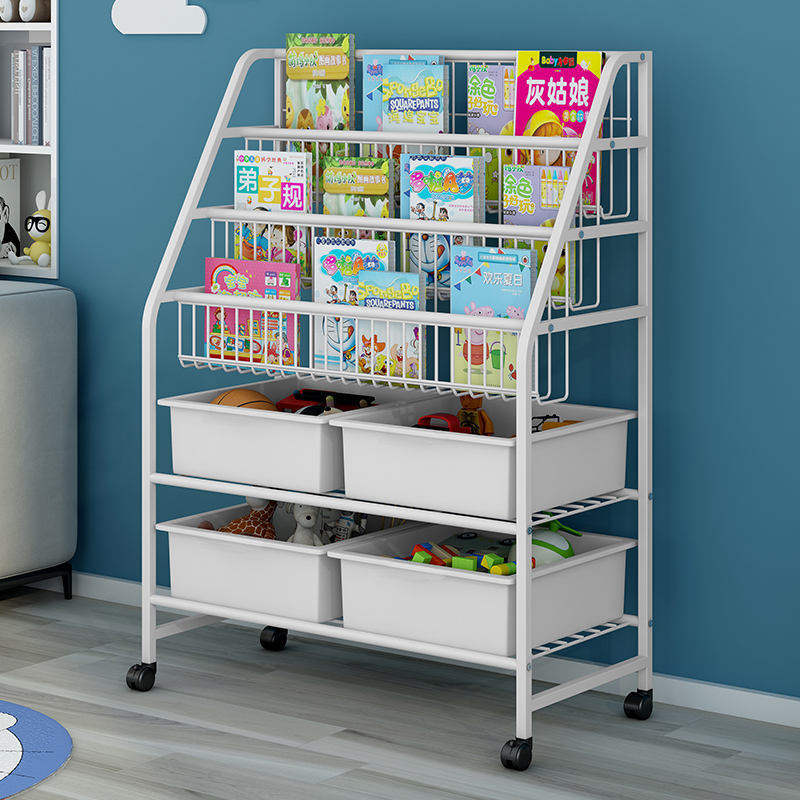 Living Room Simple Kid's Toy Storage Rack Kindergarten Metal Bookshelf Plastic Storage Box Rack Bookcase With Wheels