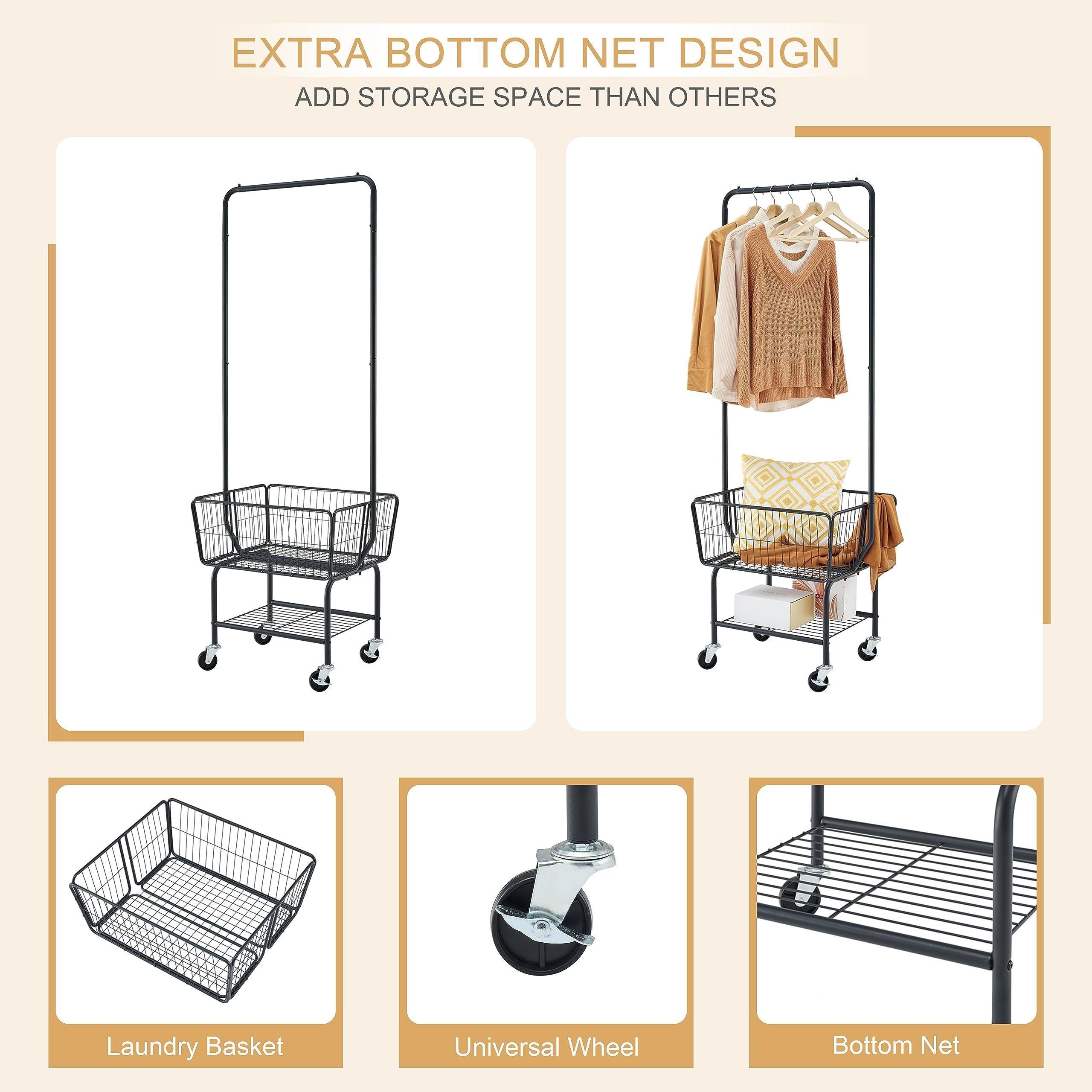 Wholesales Rolling Laundry Cart Hanging Garment Rack Laundry Hamper Laundry Cart with Clothes Rack