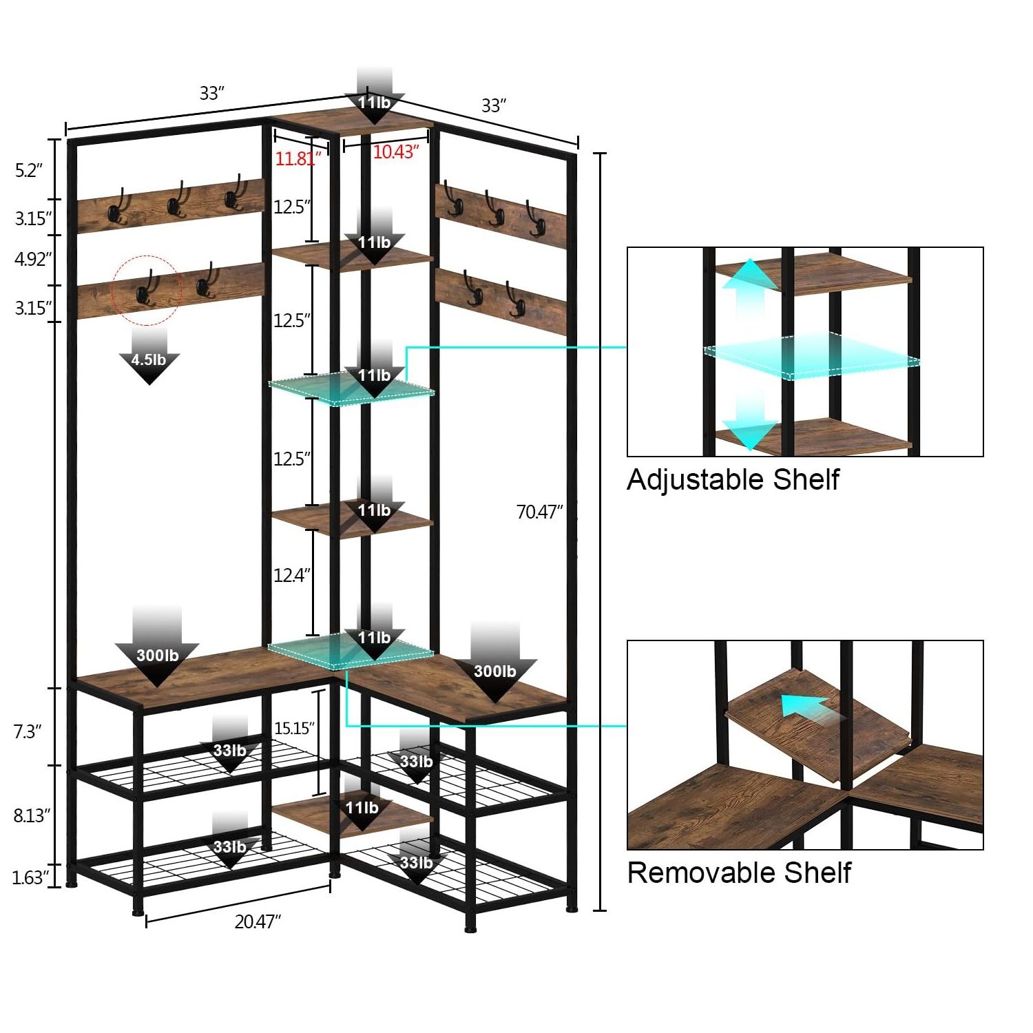 Home Living Room Mudroom Bedroom Modern Industrial Entryway Coat Rack Stand with Shoe Rack Storage