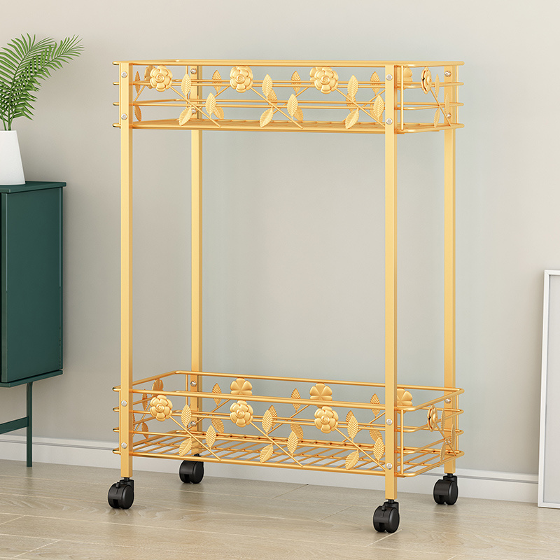 Factory direct sales household golden two-tier storage rack bedroom iron art rack living room metal storage rack with wheels