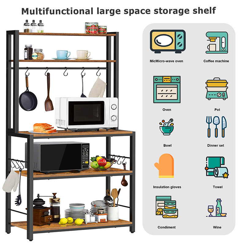 Wholesale kitchen wooden shelf 5-tier storage rack seasoning rack microwave oven standing baker's rack