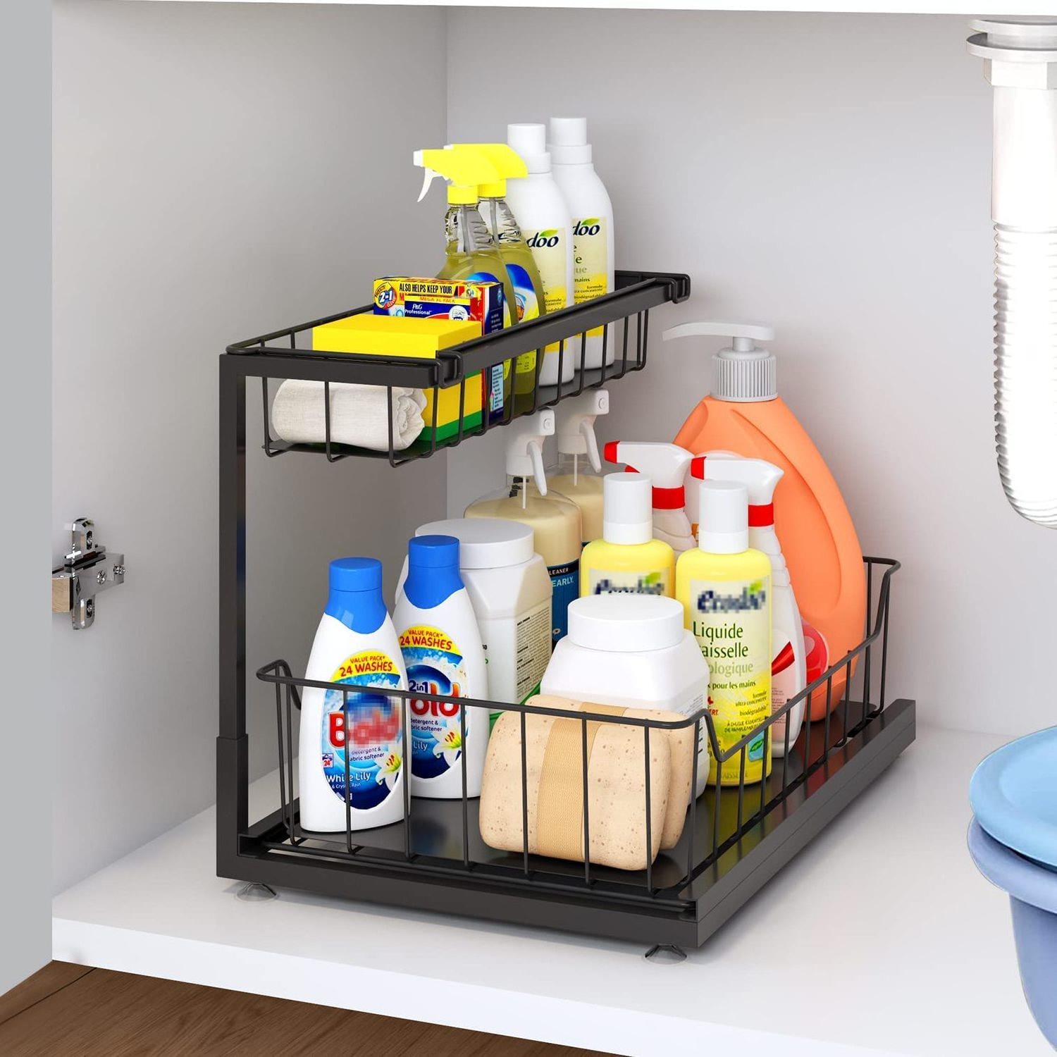 Kitchen Bathroom Sliding Shelf Cabinet Organizer 2-Tier Metal Put Out Under Kitchen Sink Organizers Under Sink Storage