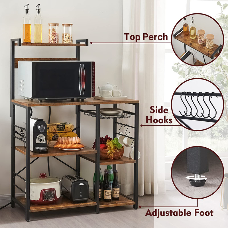 Multifunctional Kitchen Wooden Shelf Cutlery Rack Microwave Stand Kitchen Appliance Rack with Power Outlet