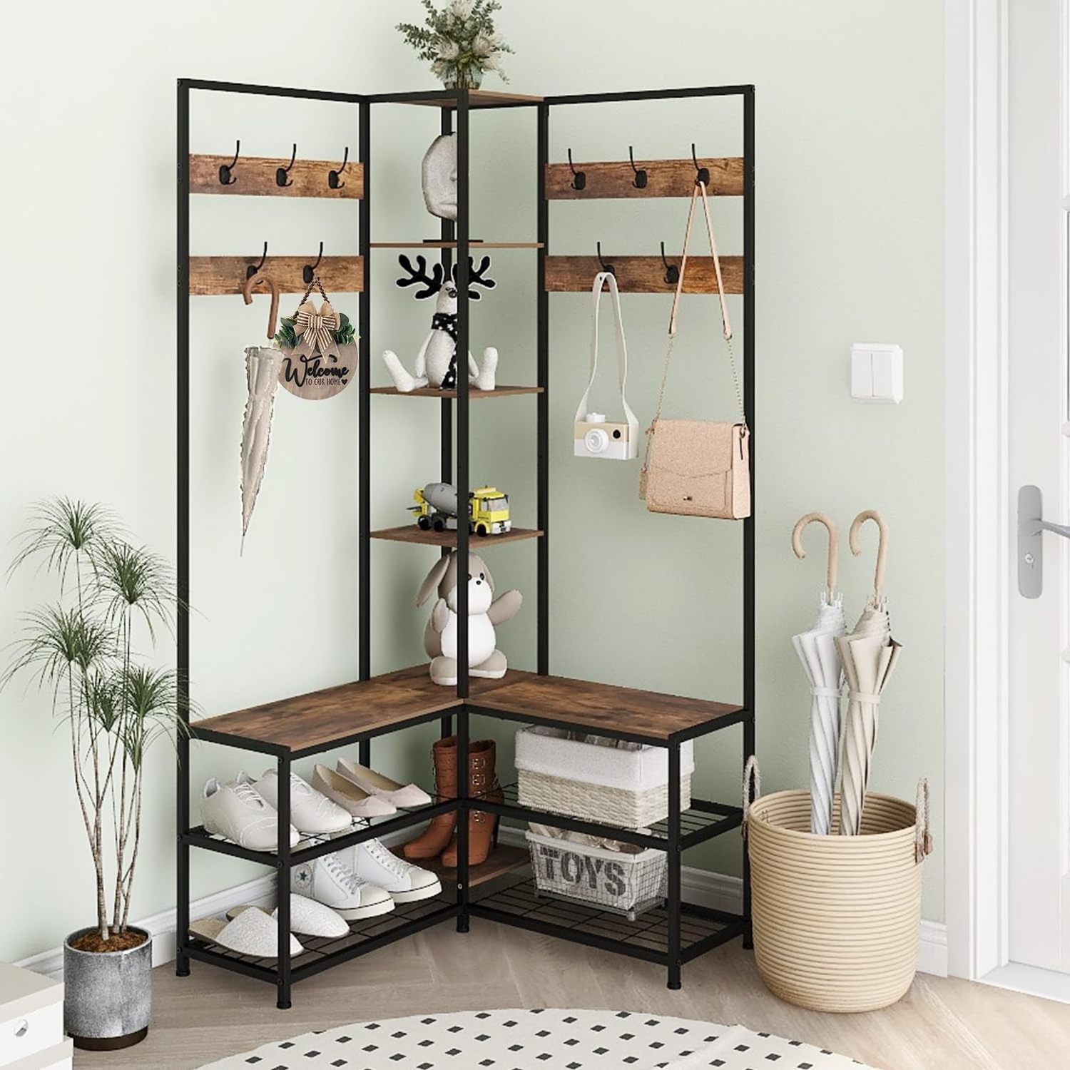 Home Living Room Mudroom Bedroom Modern Industrial Entryway Coat Rack Stand with Shoe Rack Storage