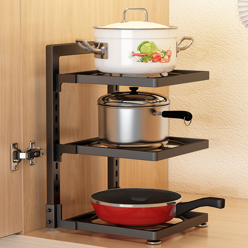 Custom Kitchen Iron Pot Rack Metal Adjustable Pot Lid Shelf 4 Layer Pot And Pan Organizer