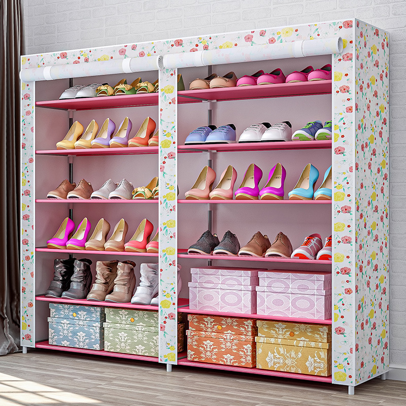 Modern home stackable entrance shoe stand fabric double row 6 layers  shoe rack online shoe cabinet for sale