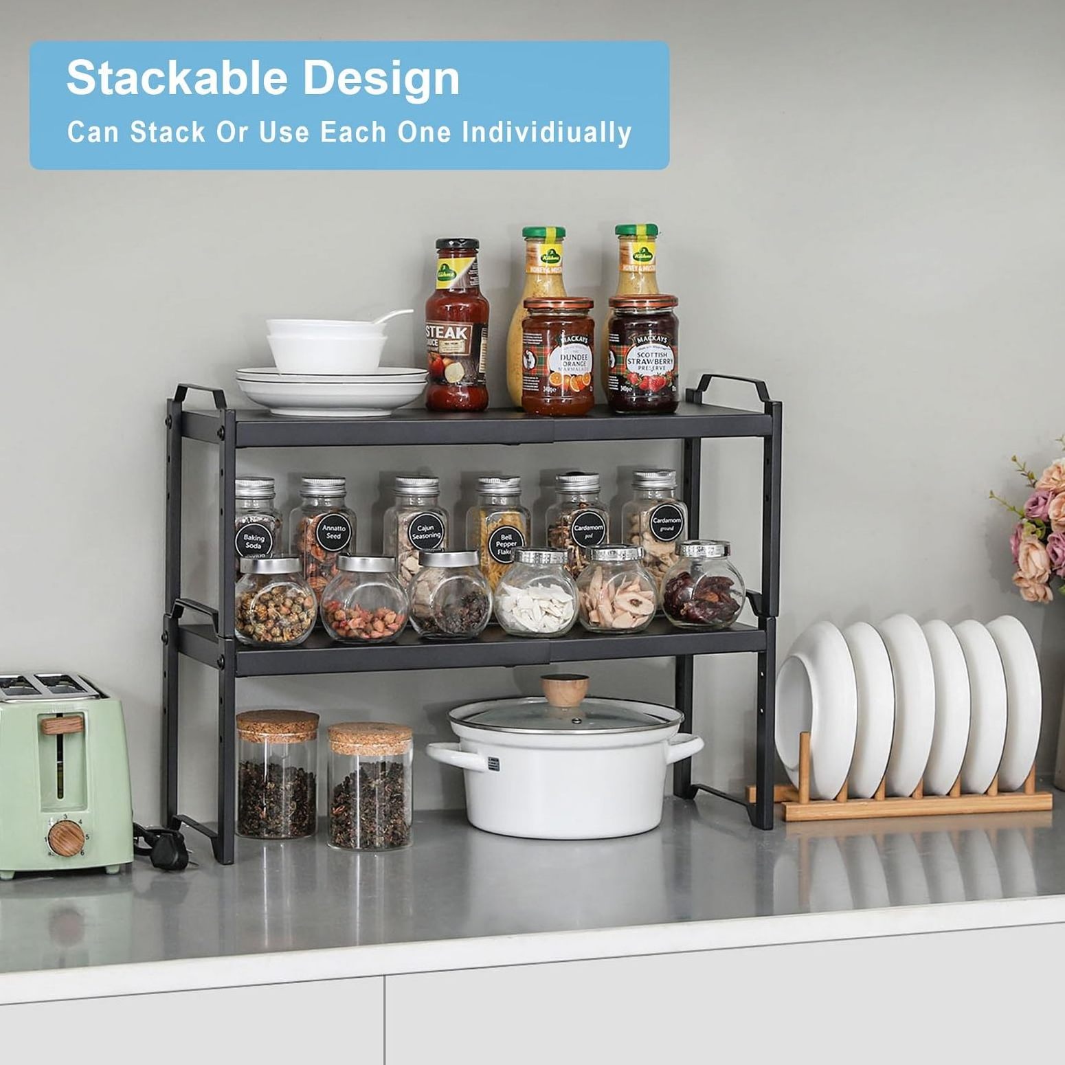 Kitchen Cabinet Countertop Storage Adjustable Cupboard Counter Pantry Organizer Shelf Rack Stand Cabinet Countertop Shelves