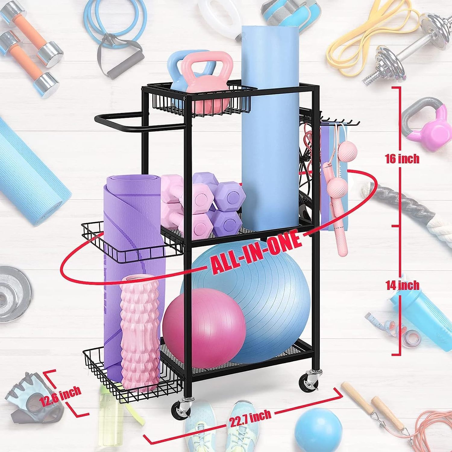 Home Gym Yoga Mat Yoga Ball Dumbbells Kettlebells Foam Roller Yoga Strap Rope Skipping Workout Equipment Organizer Storage Rack