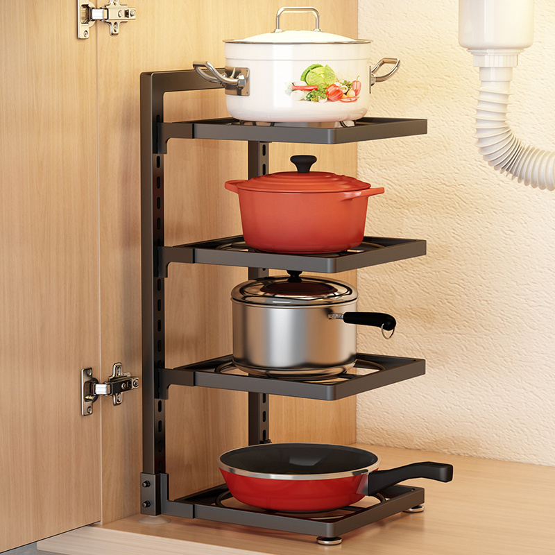 Custom Kitchen Iron Pot Rack Metal Adjustable Pot Lid Shelf 4 Layer Pot And Pan Organizer