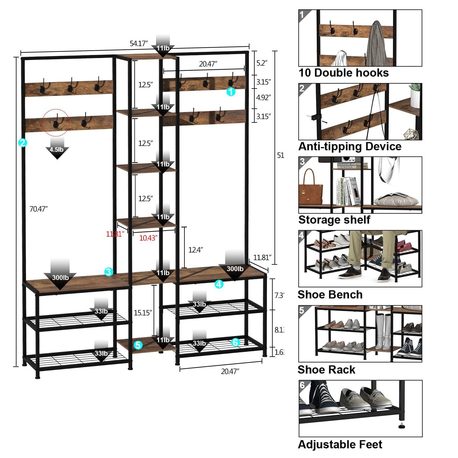 Home Living Room Mudroom Bedroom Modern Industrial Entryway Coat Rack Stand with Shoe Rack Storage