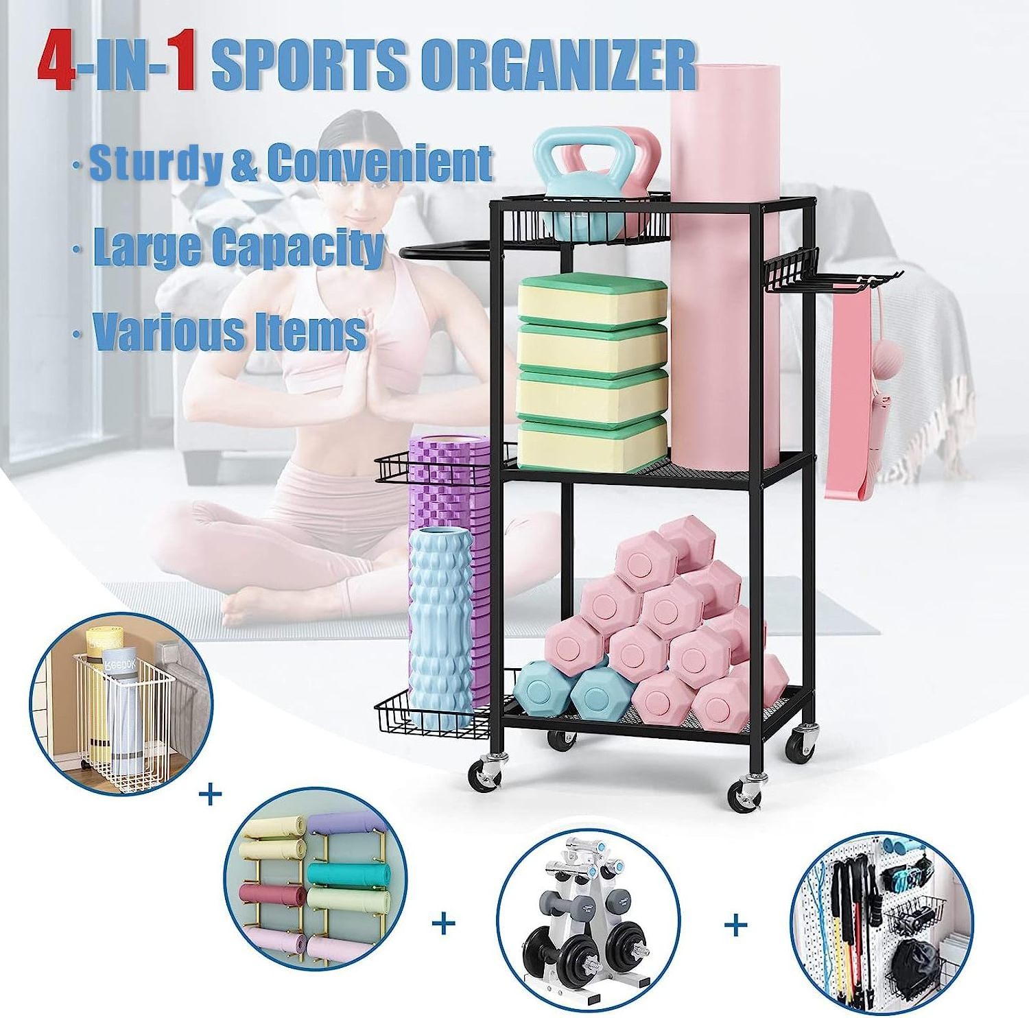 Home Gym Yoga Mat Yoga Ball Dumbbells Kettlebells Foam Roller Yoga Strap Rope Skipping Workout Equipment Organizer Storage Rack