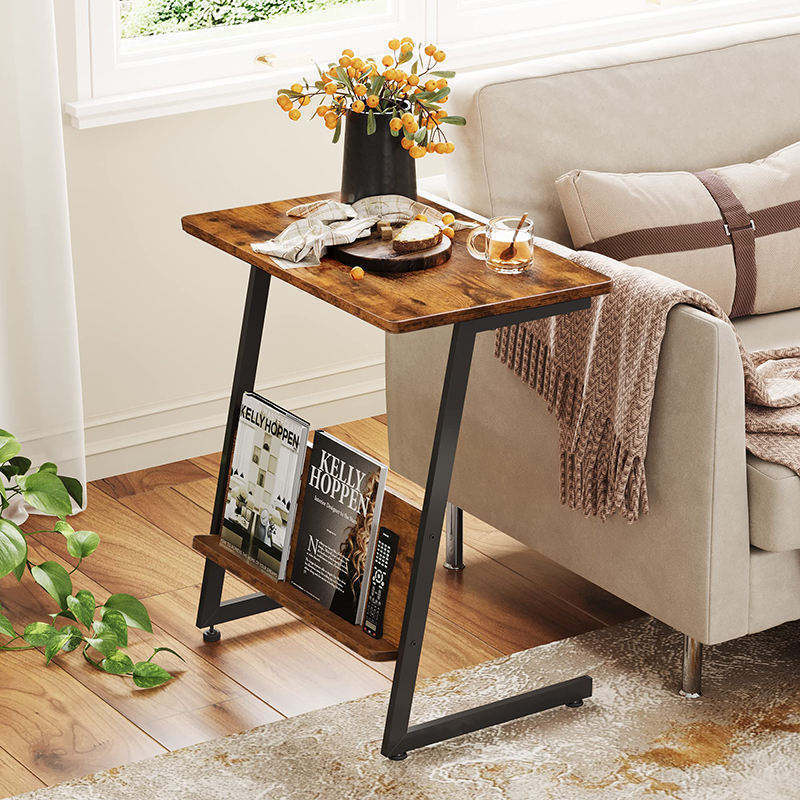 Hot Sales Metal Frame Side Table LIving Room Wooden End Table Magazine Rack Movable Coffee Table