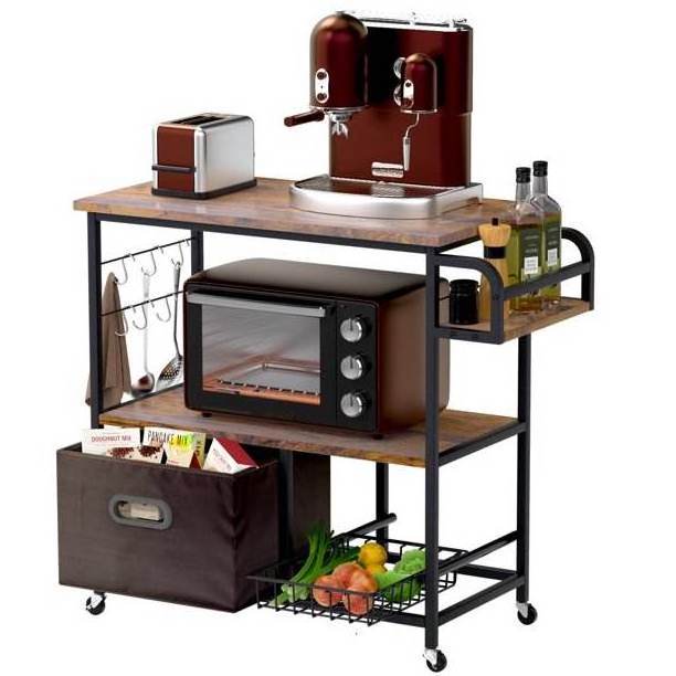 Wholesales Kitchen Wooden Bakers Rack Metal Frame 3-Tier Trolley Dining Cart Microwave Stand with Storage Rack