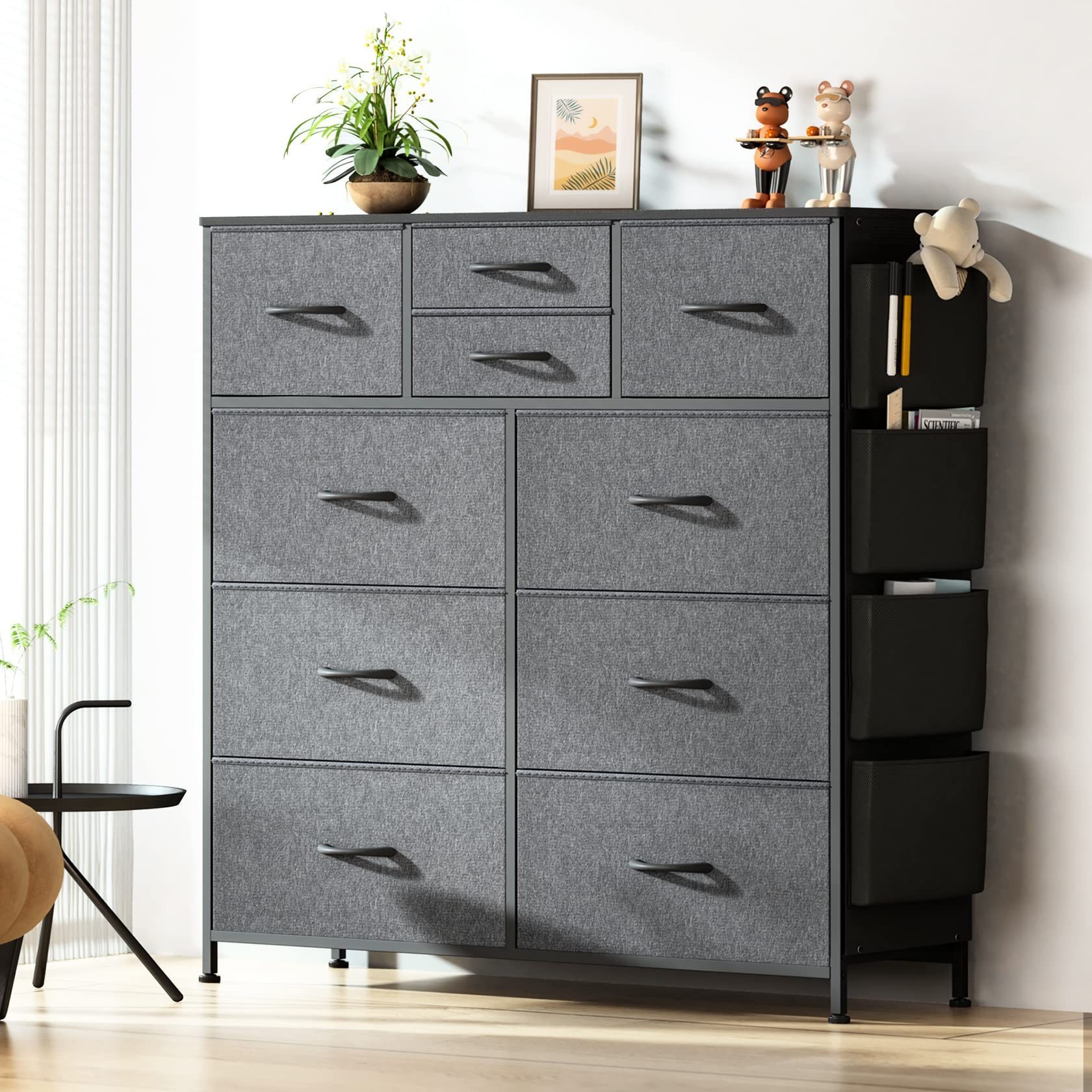 Suoernuo 10 Drawer Dresser Chest Drawers Sturdy Steel Frame Wood Side Pockets Hooks Fabric Storage Dresser For Bedroom