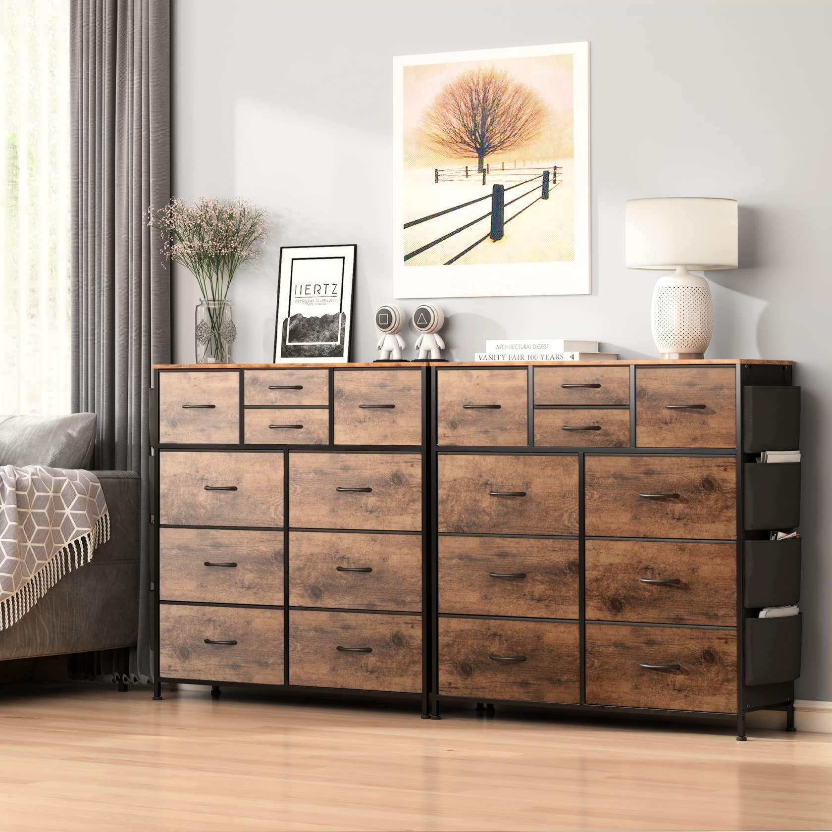 Suoernuo 10 Drawer Dresser Chest Drawers Sturdy Steel Frame Wood Side Pockets Hooks Fabric Storage Dresser For Bedroom