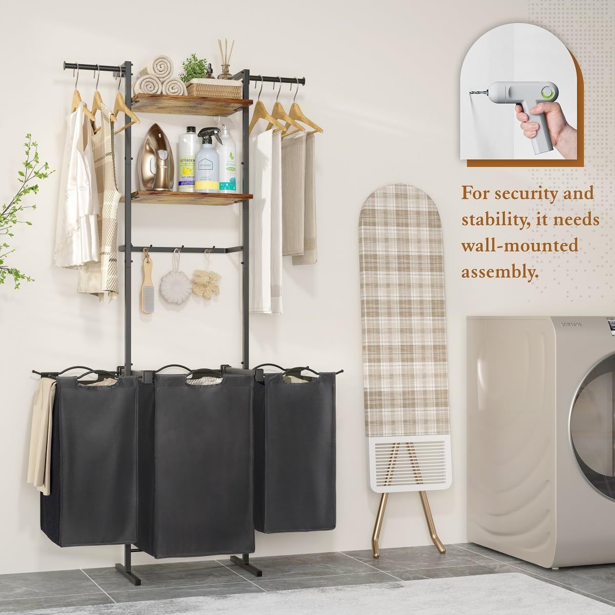 Wholesales Bathroom Bedroom Laundry Room Shelves 3 Section Laundry Room Organization Laundry Basket with Clothes Drying Rack