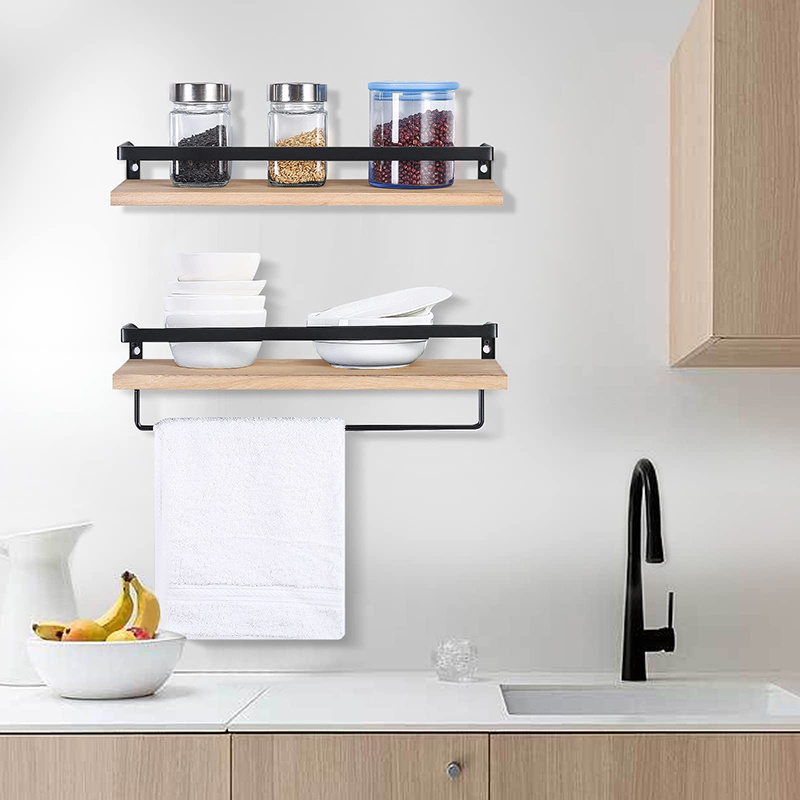 Hot Sale 2 Set Wall Mounted Storage Rack Kitchen Spice Rack Bathroom Wooden Shelf Towel Rack