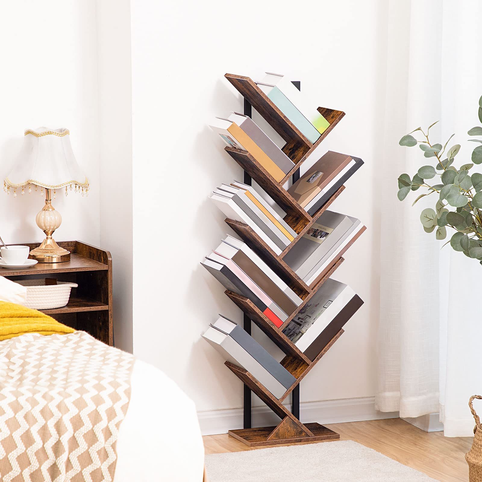 Living Room CDs Albums Tall Bookcase 9-Tier Floor Standing Book Shelf Tree Bookshelf Tall