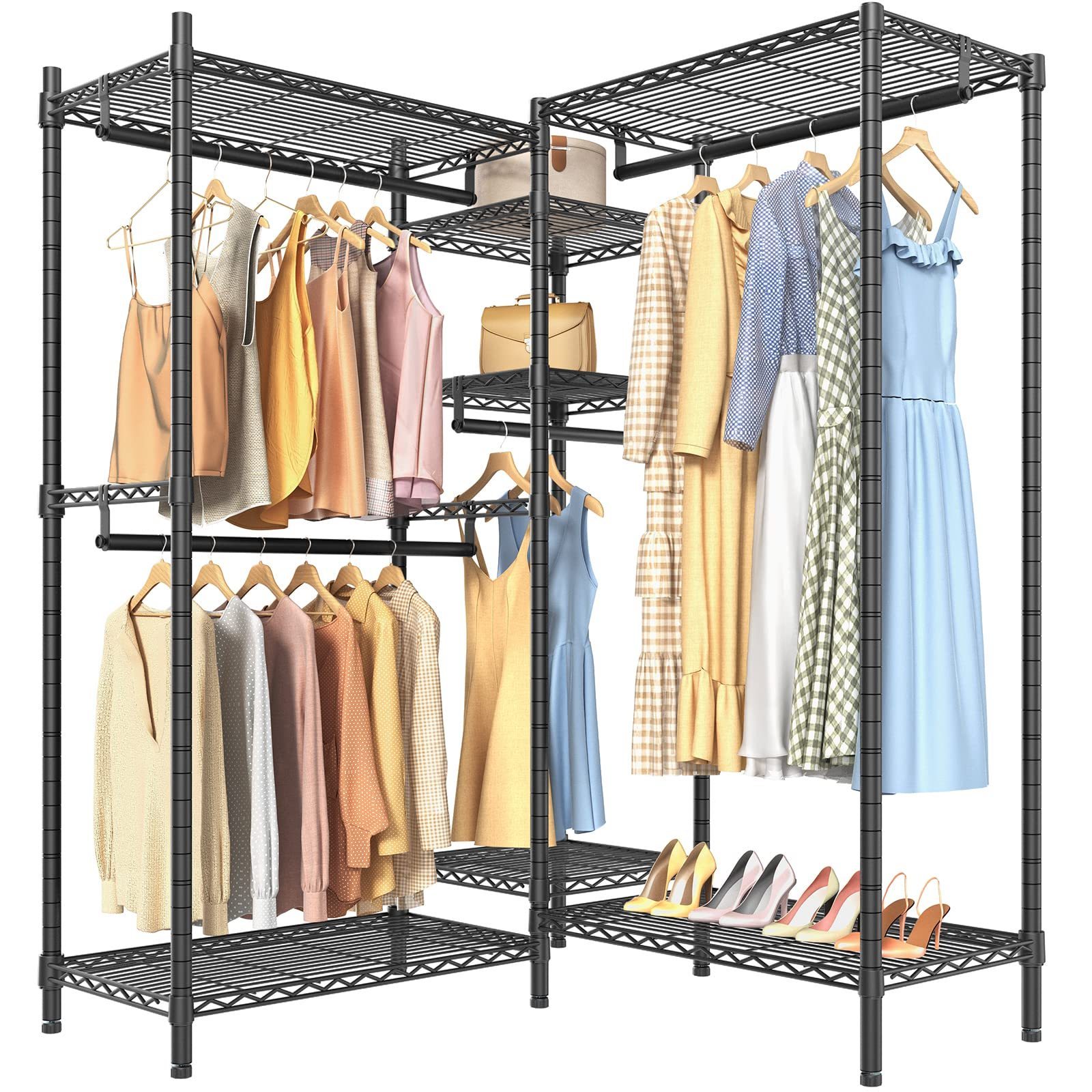 Heavy Duty Clothing Rack Metal Freestanding Closet 7 Adjustable Shelves & 4 Hanging Rods L Shaped Clothes Rack Garment Rack