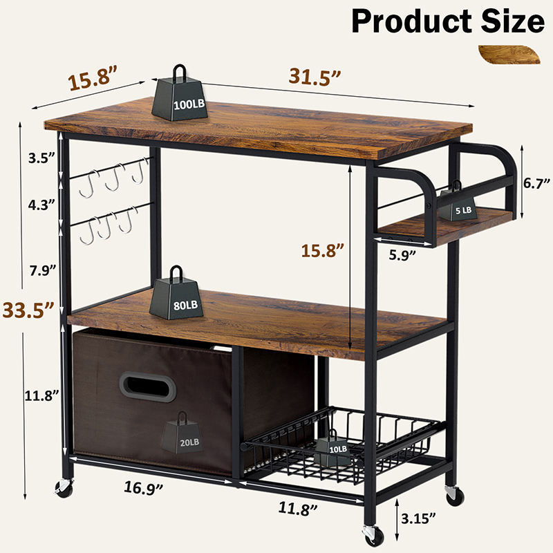 Wholesales Kitchen Wooden Bakers Rack Metal Frame 3-Tier Trolley Dining Cart Microwave Stand with Storage Rack