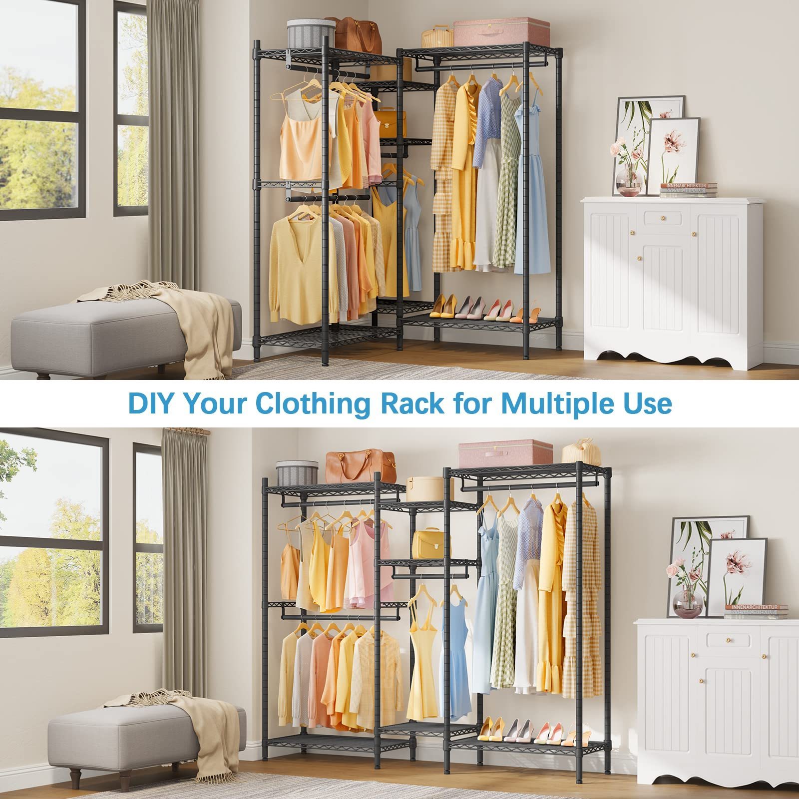 Heavy Duty Clothing Rack Metal Freestanding Closet 7 Adjustable Shelves & 4 Hanging Rods L Shaped Clothes Rack Garment Rack