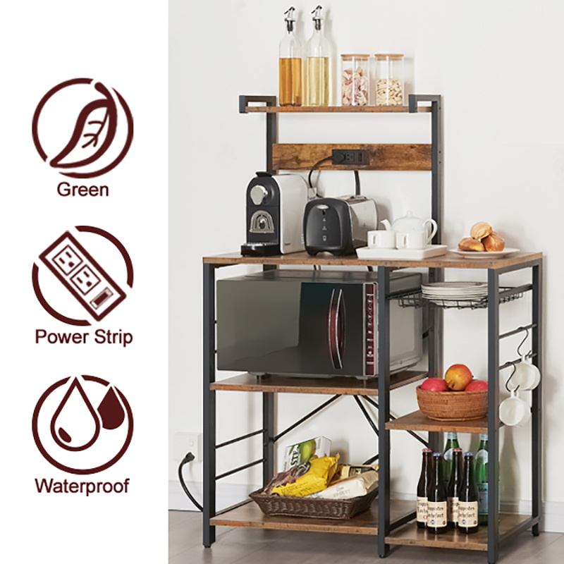 Multifunctional Kitchen Wooden Shelf Cutlery Rack Microwave Stand Kitchen Appliance Rack with Power Outlet