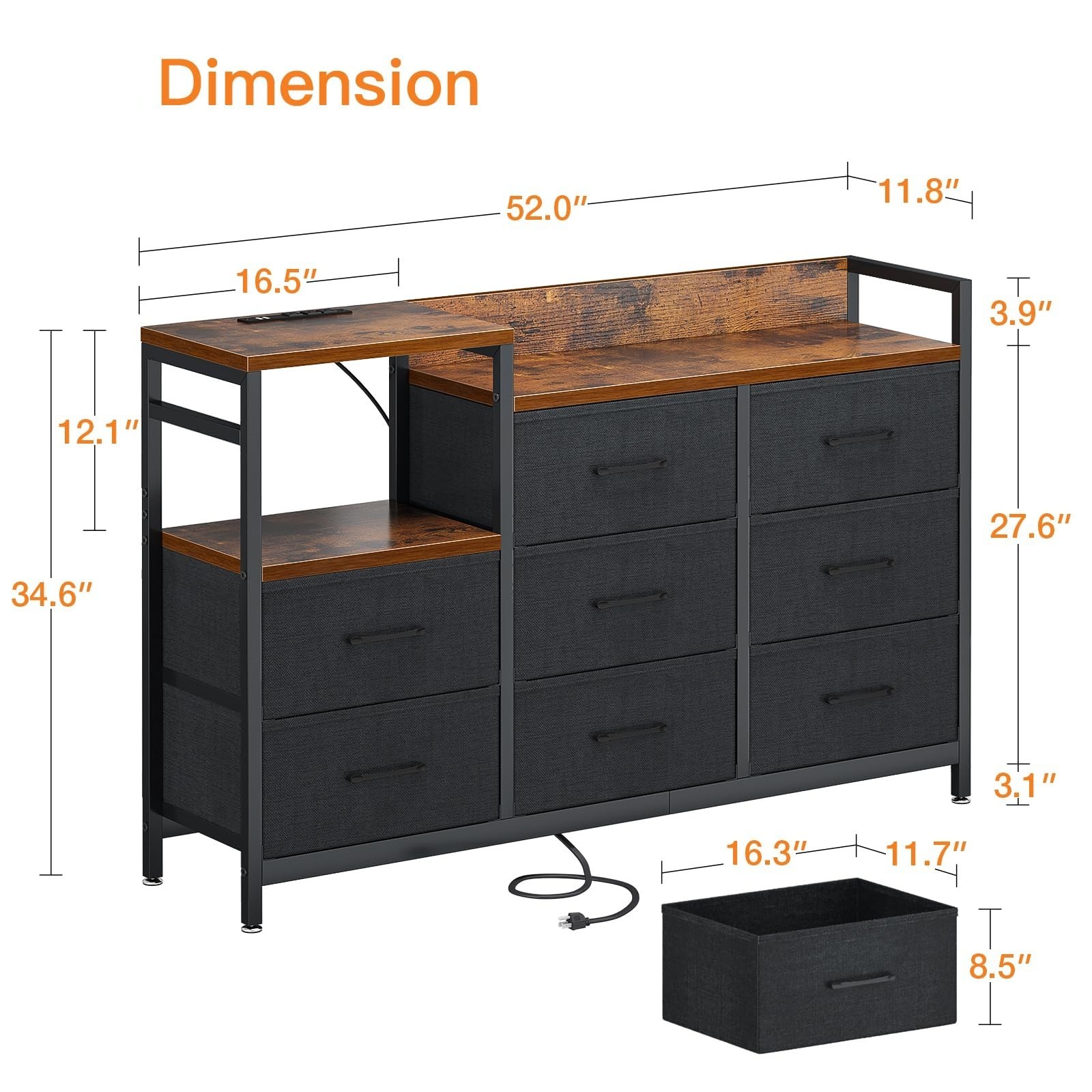 Living Room Hallway Easy-Pull Fabric Dressers 8 Drawers Bedroom Dresser with Charging Station