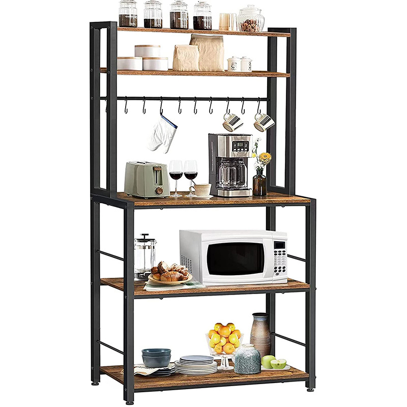 Wholesale kitchen wooden shelf 5-tier storage rack seasoning rack microwave oven standing baker's rack