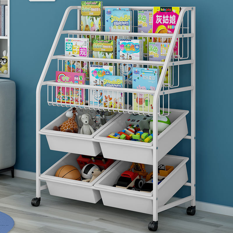 Living Room Simple Kid's Toy Storage Rack Kindergarten Metal Bookshelf Plastic Storage Box Rack Bookcase With Wheels