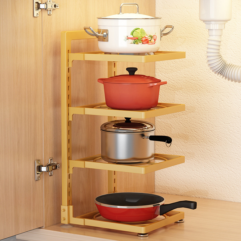 Custom Kitchen Iron Pot Rack Metal Adjustable Pot Lid Shelf 4 Layer Pot And Pan Organizer