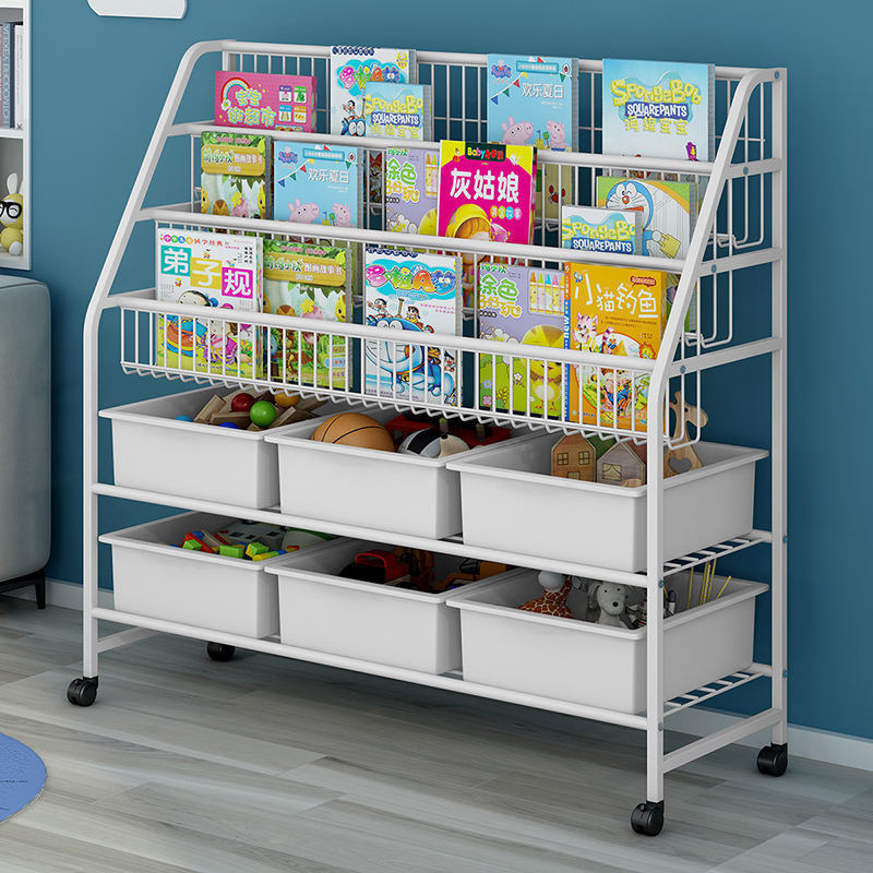 Living Room Simple Kid's Toy Storage Rack Kindergarten Metal Bookshelf Plastic Storage Box Rack Bookcase With Wheels