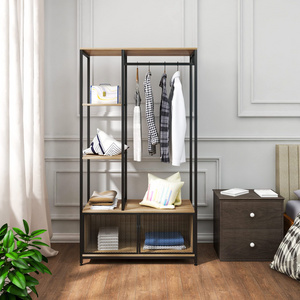 Suoernuo Bedroom Perchero Wood and Metal Storage Cabinet Wardrobe Clothes Coat Rack