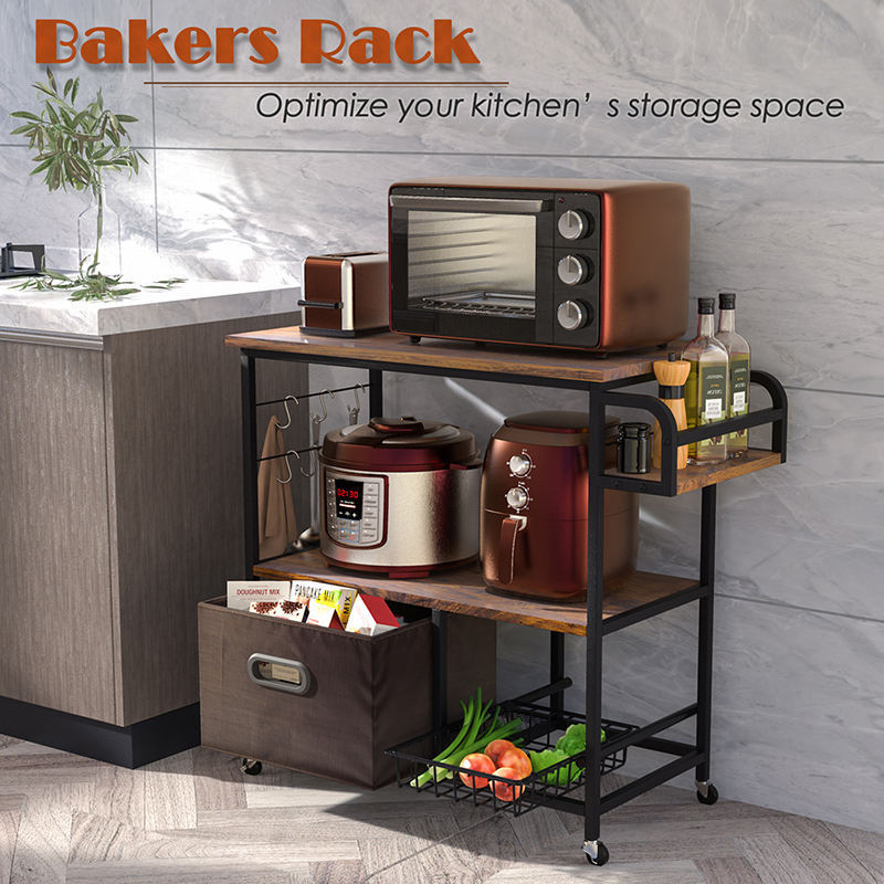 Wholesales Kitchen Wooden Bakers Rack Metal Frame 3-Tier Trolley Dining Cart Microwave Stand with Storage Rack