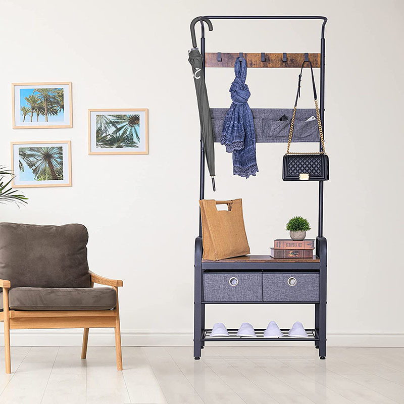 Wholesale wooden coat stand entryway metal frame coat rack free standing clothes rack with fabric drawer