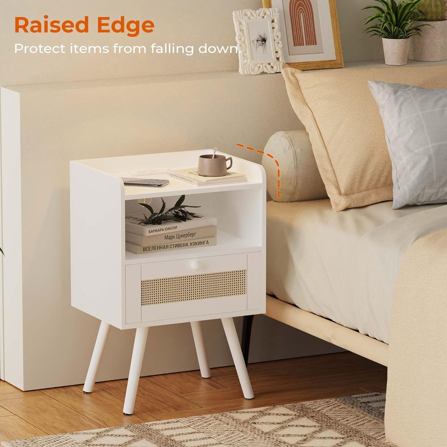 Solid Wood White Nightstands, Smart Bedside Table Set of 2, Rattan Nightstand Drawers, Side Table with Storage for Bedroom