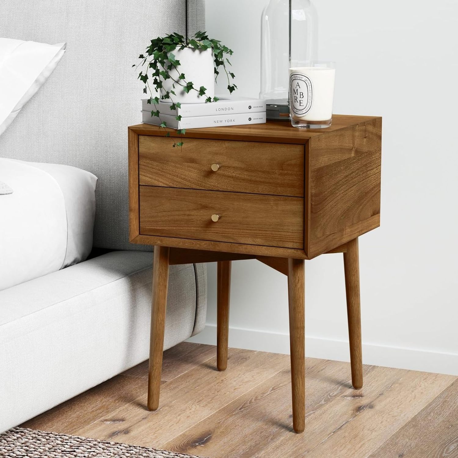 Solid Wood End Table Night Stand With Double-layer Drawers Wooden End Table Sideboard Cabinet For the Living Room