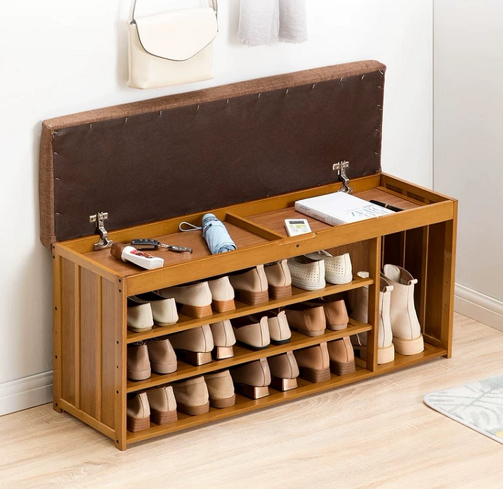 Home Furniture Bamboo Wooden Combined Shoe Rack Bench Seat Storage Cabinet Organizer Crates Box With Soft Seat Cushion