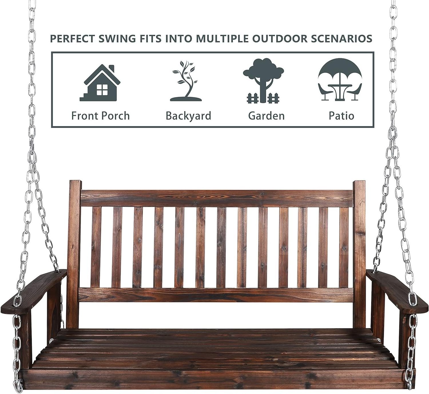 Outdoor Patio Hanging Wooden Porch Swing 5FT with Chains, 3-Person Heavy Duty Swing Bench for Garden and Backyard, Rustic