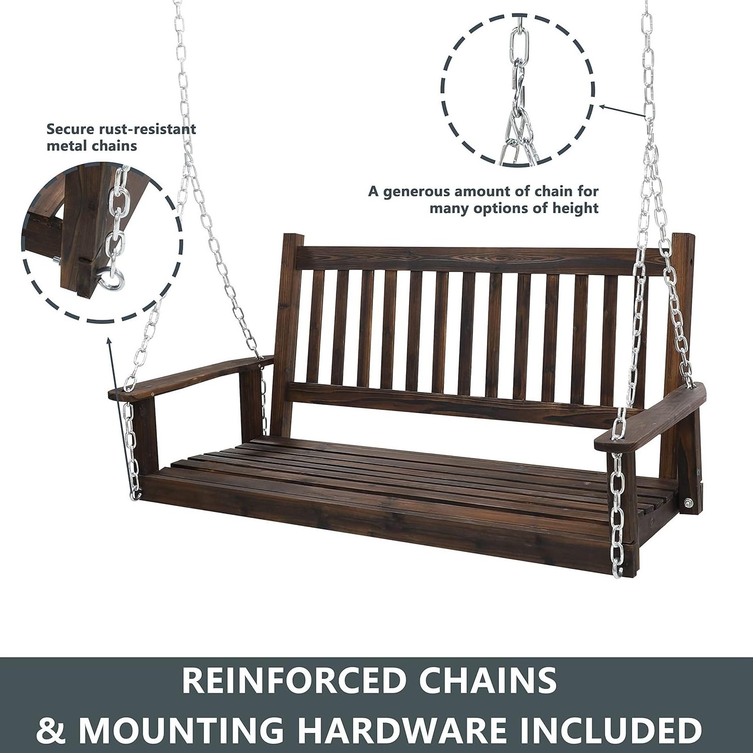 Outdoor Patio Hanging Wooden Porch Swing 5FT with Chains, 3-Person Heavy Duty Swing Bench for Garden and Backyard, Rustic