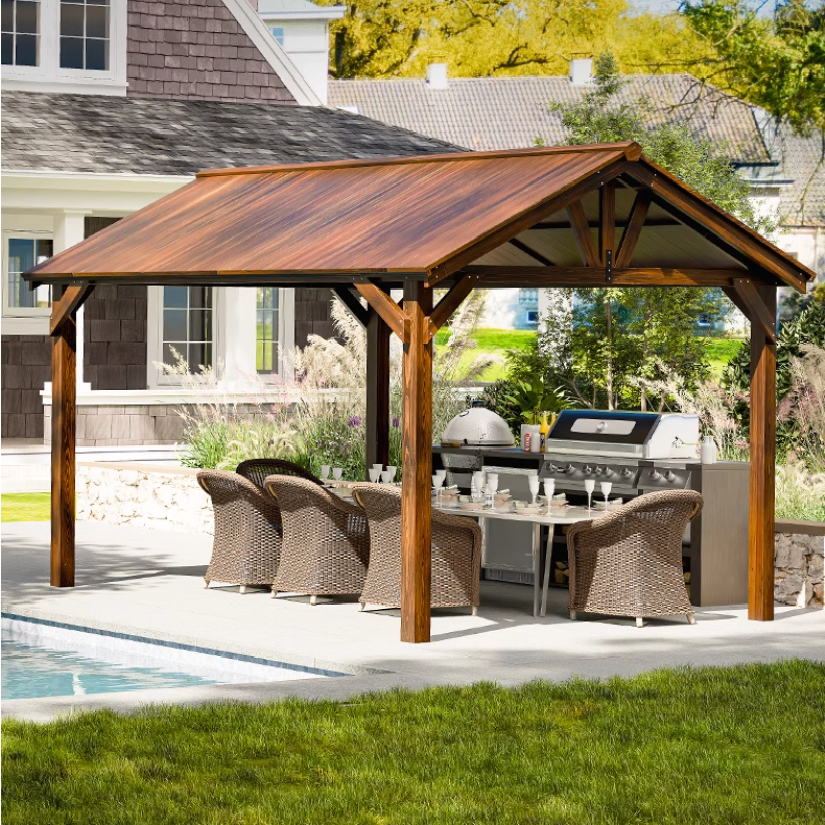 Cedar Wood Grilling Pavilion for Patios, Garden Building, Backyard, Durable, Wooden Roof Wooden Pergola Outdoor Gazebo