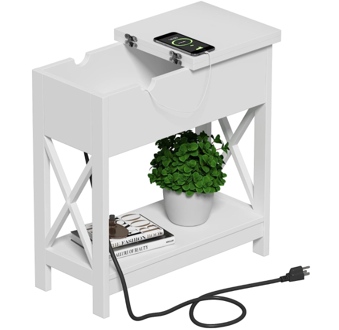 Narrow Flip Top Side Table with USB Ports & Power Outlets for Small Spaces, Bedside Table with Storage, Bedroom White