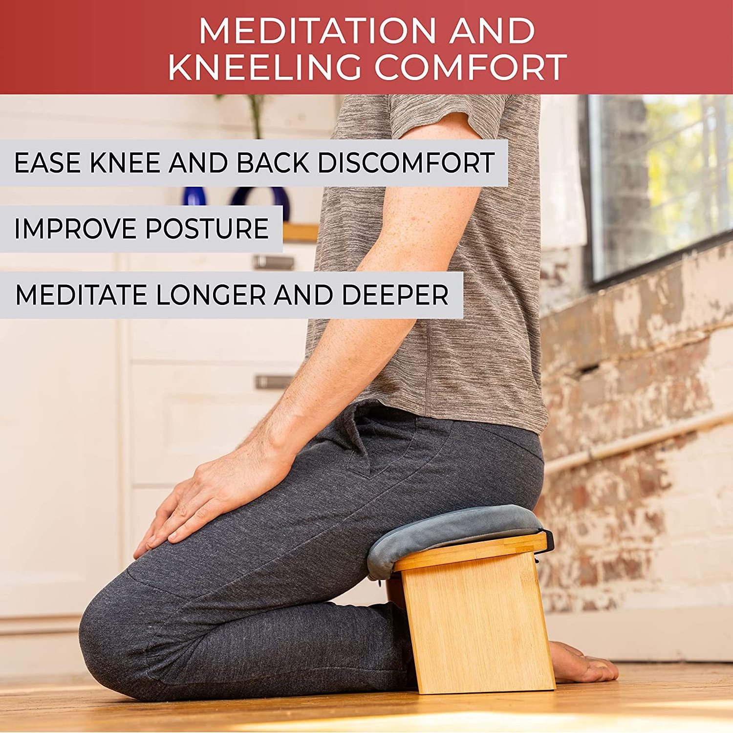 Comfortable Bamboo Yoga Kneeling Sitting Modern Ergonomic Leisure Wooden Meditation Stool Sturdy Prayer Bench With Cushion