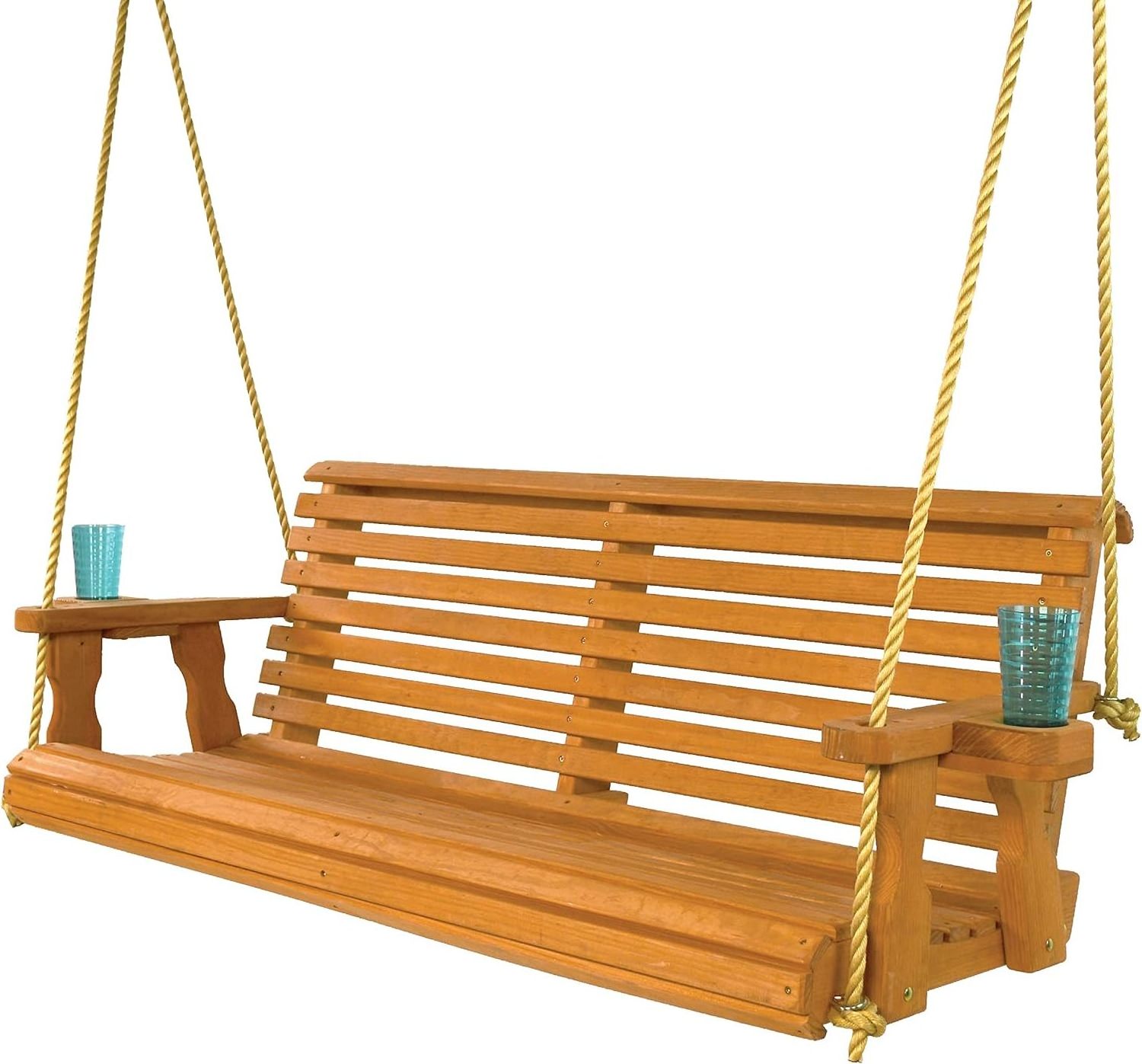 Heavy Duty 800 Lb Roll Back Treated Porch Swing with Hanging Ropes and Cupholders (5 Foot, Cedar Stain)