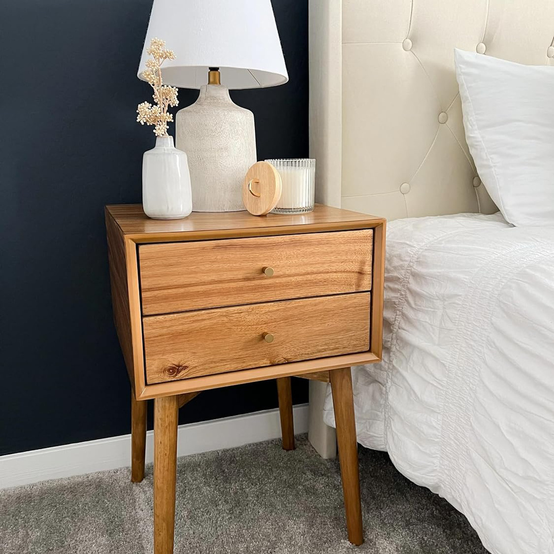 Solid Wood End Table Night Stand With Double-layer Drawers Wooden End Table Sideboard Cabinet For the Living Room