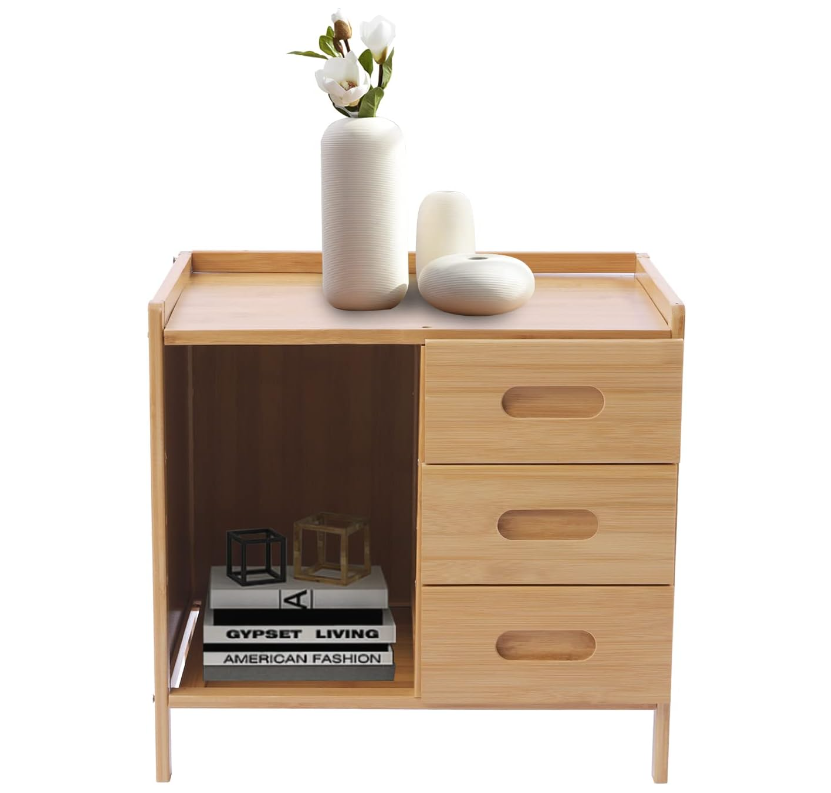 Bamboo Nightstand, Sofa Side Table, Bedside Table, Couch Table w/ 3 Pull-Out Drawers, Bedroom Bedside Storage