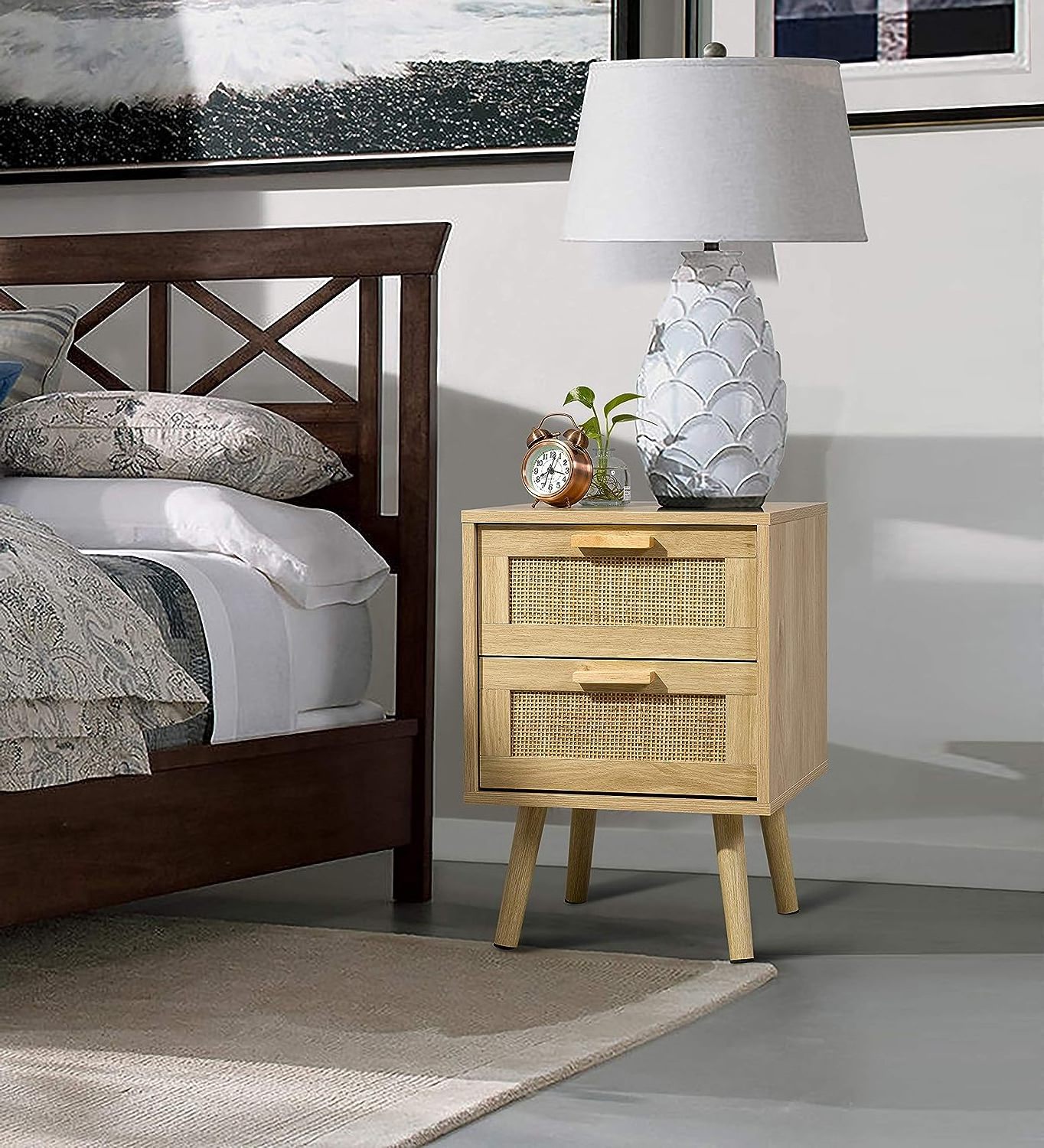 Wooden Bed Side Table with 2 Rattan Decorated Drawers, Nightstands Set of 2, Wood Accent Table with Storage, Bedroom Furniture